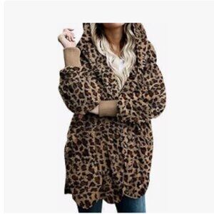 Leopard Fuzzy Oversized Hooded Jacket S Big Pockets Open Front Brown Black M